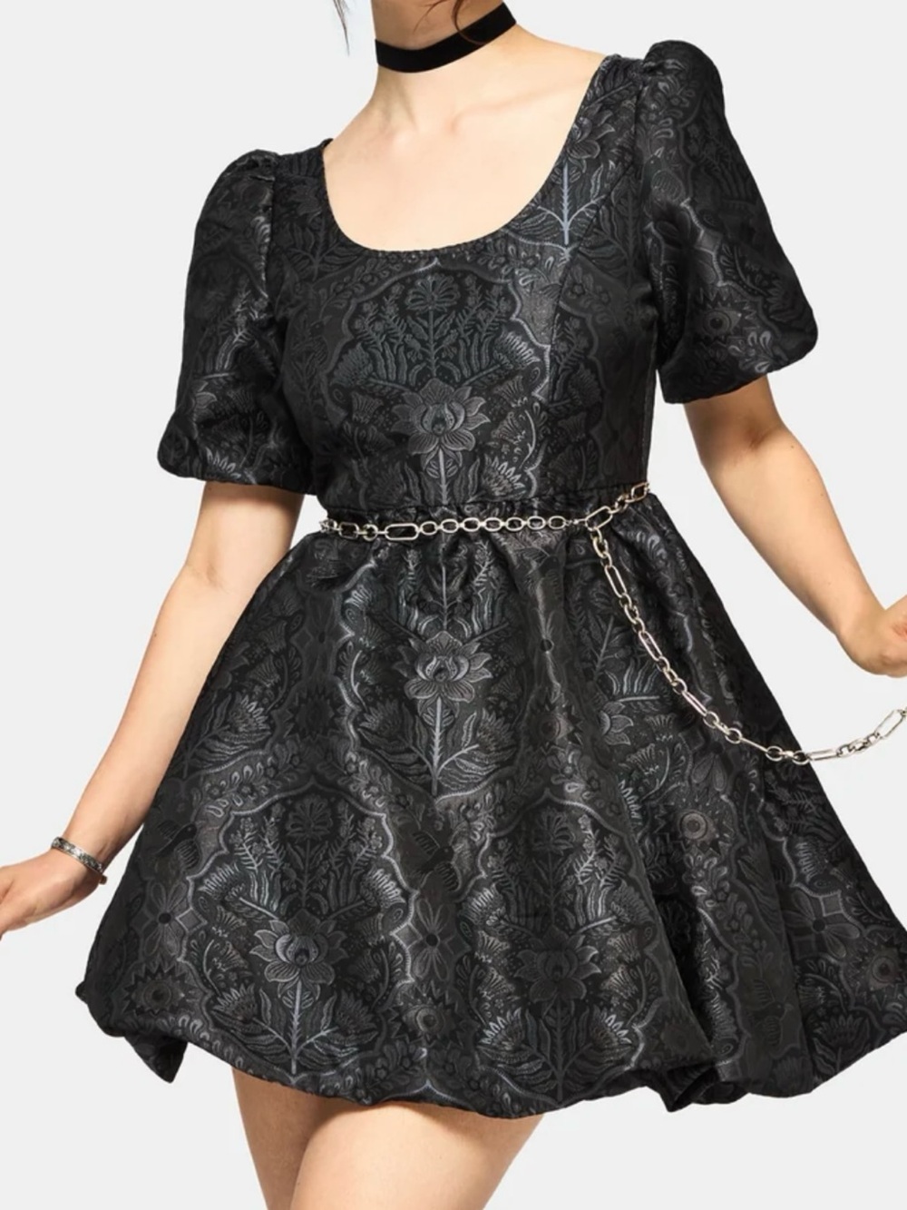 Black Nocturnal Floral Brocade Puffball Mini Dress Disturbia 8 NWT Emo Goth